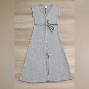 Caution To The Wind Gray White Striped Button Tie Waist Knit Midi Dress S
